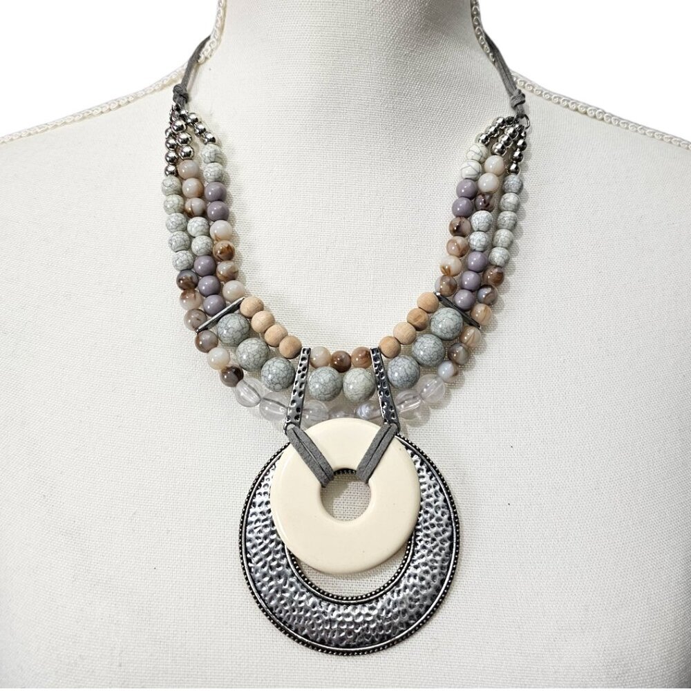 Vintage Bohemian Glass Wood Leather Artisan Beaded Necklace 18-20”